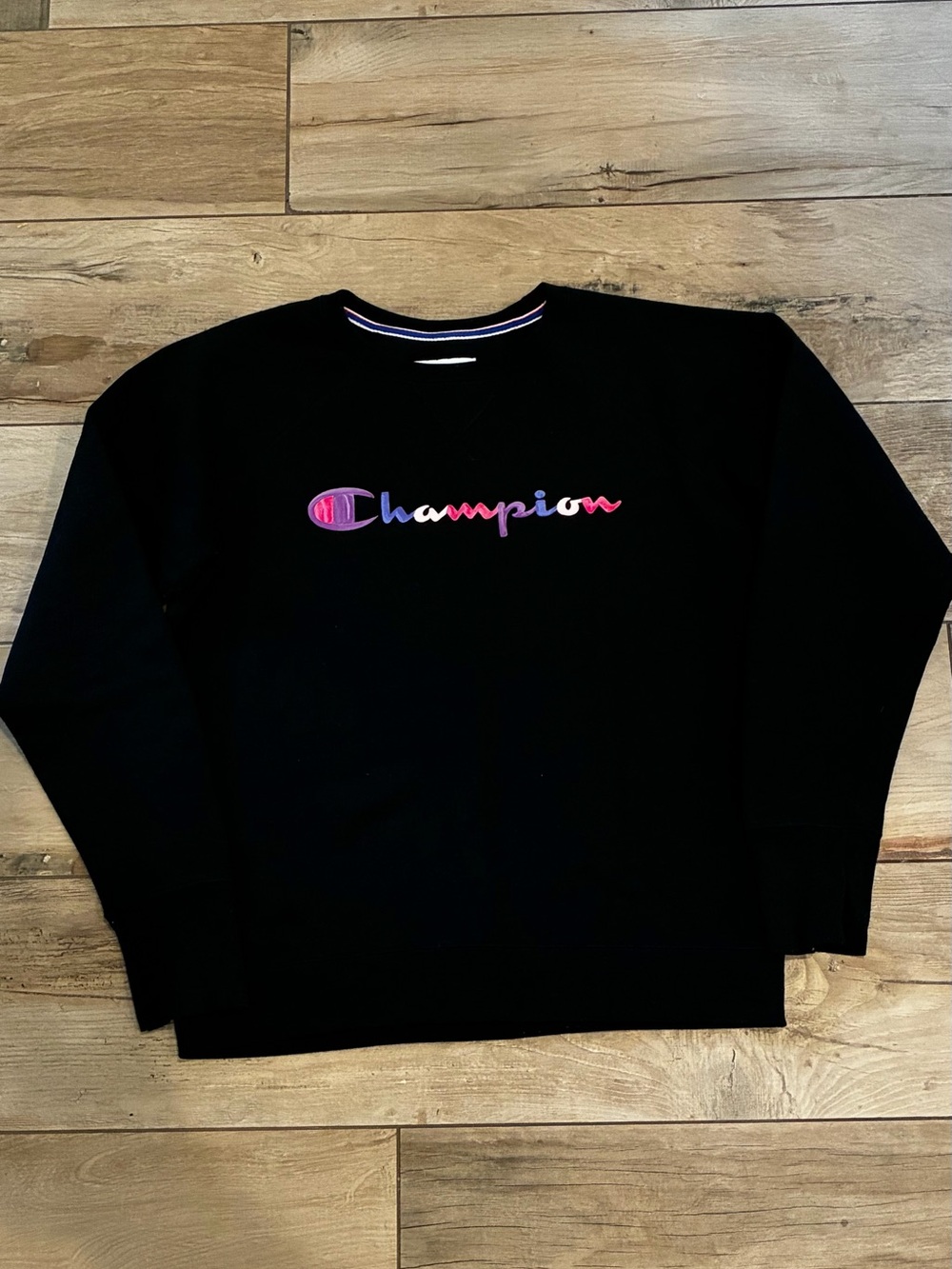 Women’s Champion Black Crewneck Sweatshirt with Pink & Purple Logo
